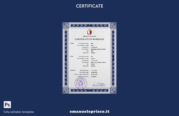 Modello PSD del certificato di matrimonio maltese in stile verificato